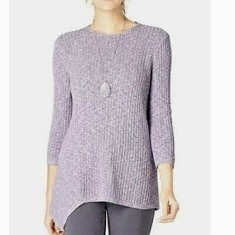 Pure Jill Sweater Blue Asymmetrical Hem Marled Knit Cotton Blend Pullover XSP
